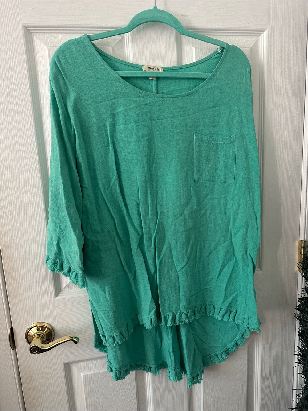 Umgee Teal Ruffle-Hem Tunic with Pocket
